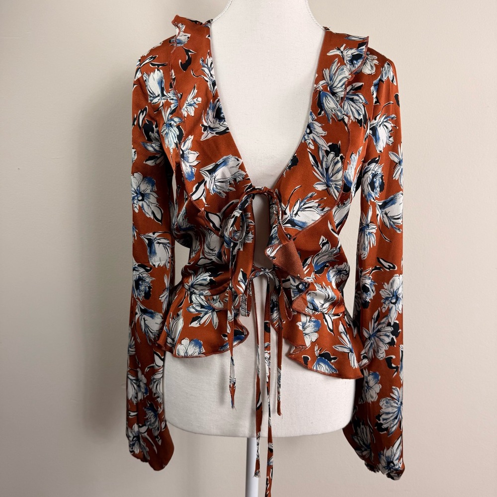 Missguided Floral Tie Front Ruffle Blouse Rust Orange Blue White TW416421 Size 4